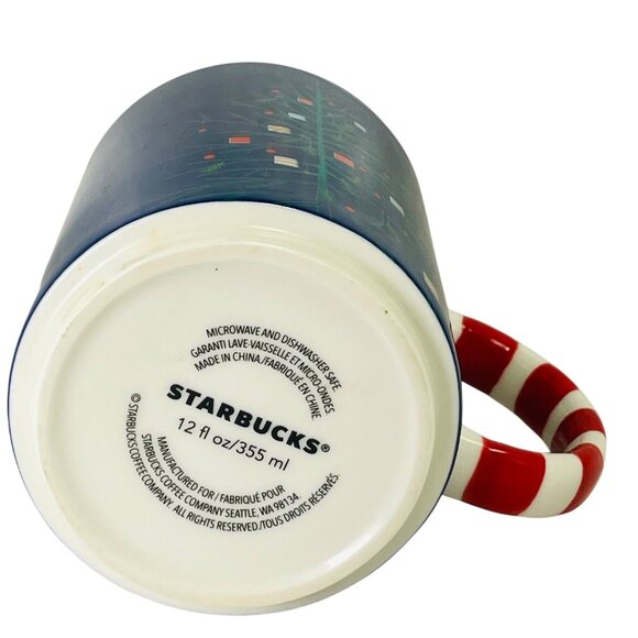 Starbucks Christmas Tree Ceramic Mug 12 Oz Blue Tree With Candy Cane Handle - Picture 3 of 6